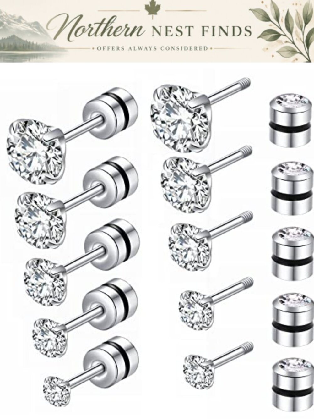 Titanium Screw Back Stud Earrings Set 5 Pair Hypoallergenic Surgical Steel